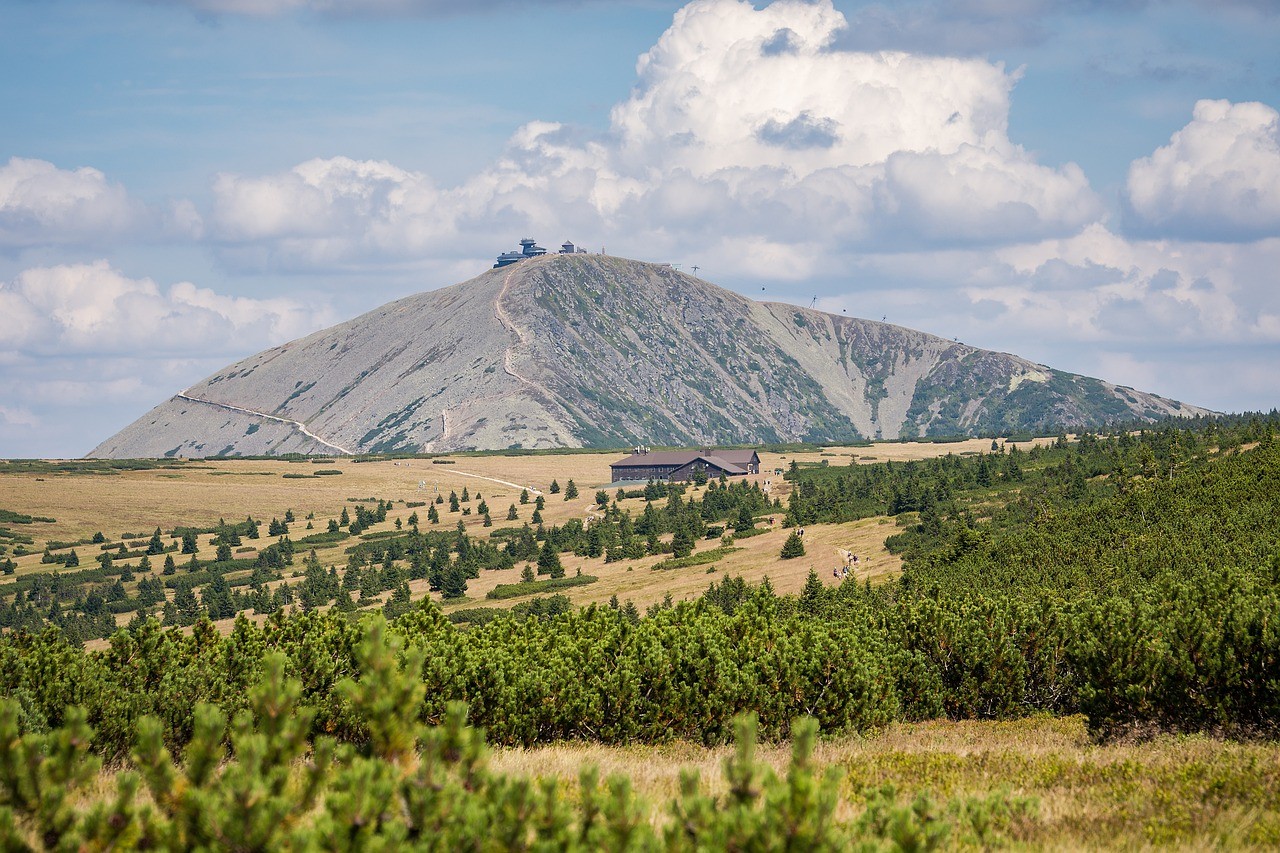 Widok Karkonoszy. Śnieżka na środku w dalszym planie
