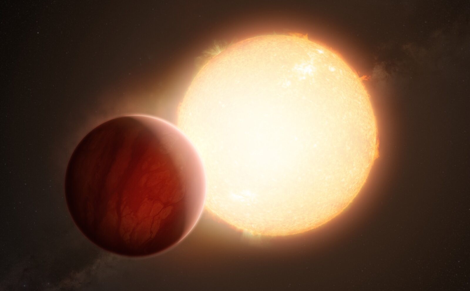 This artist’s impression shows an ultra-hot exoplanet, a planet beyond our Solar System, as it is about to transit in front of its host star. When the light from the star passes through the planet’s atmosphere, it is filtered by the chemical elements and molecules in the gaseous layer. With sensitive instruments, the signatures of those elements and molecules can be observed from Earth. Using the ESPRESSO instrument of ESO’s Very Large Telescope, astronomers have found the heaviest element yet in an exoplanet&#8217;s atmosphere, barium, in the two ultra-hot Jupiters WASP-76 b and WASP-121 b.
