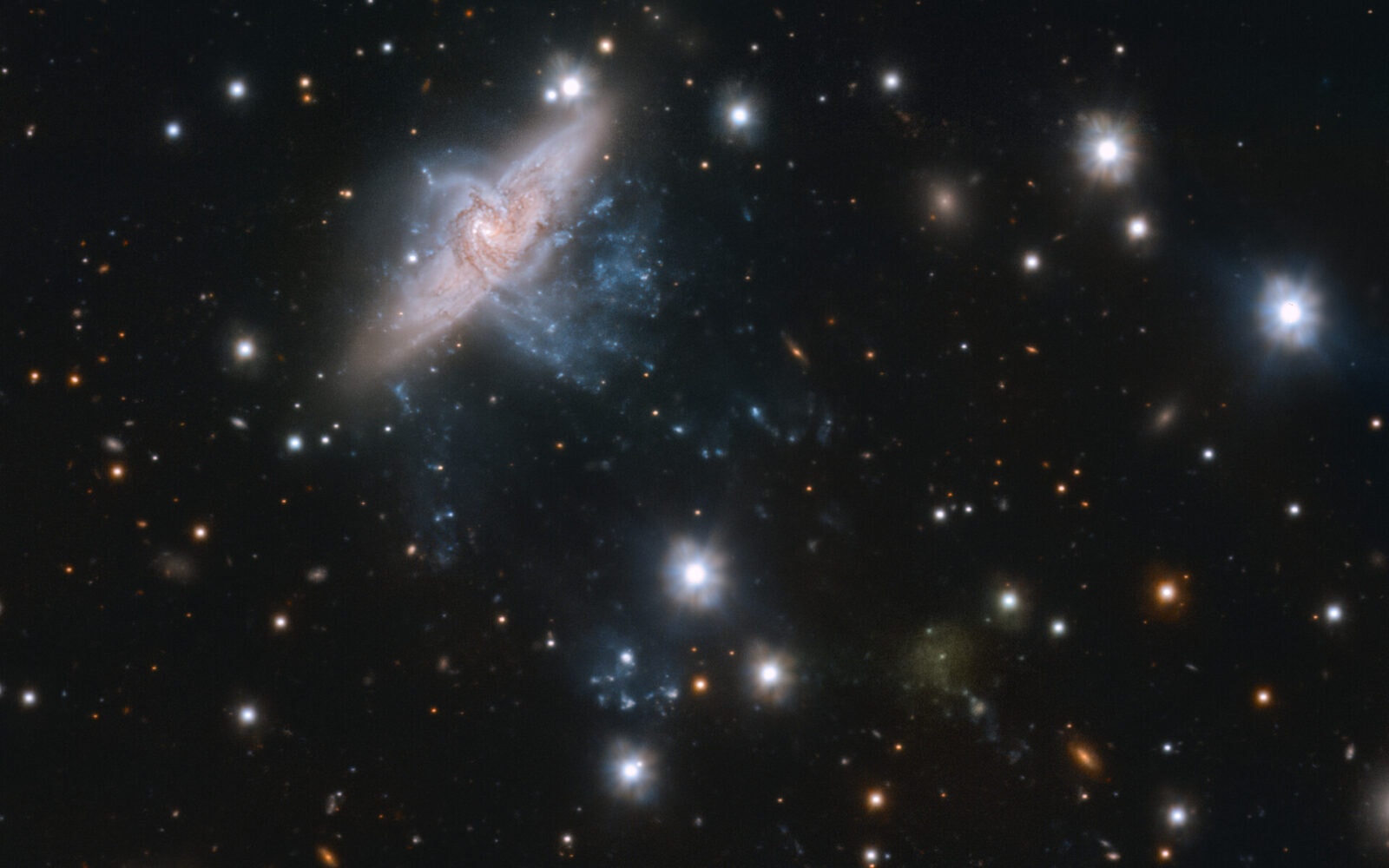 The image shows a pair of overlapping spiral galaxies, NGC 3314a and b, in the top left, caught in a majestic cosmic dance — captured by ESO’s VLT Survey Telescope (VST). But don’t let the perspective fool you! They are, in fact, not interacting at all. The two galaxies, located between 117 and 140 million light-years away in the constellation of Hydra, are actually physically unrelated and only appear to overlap when viewed from Earth. This unique alignment gives astronomers the opportunity to measure many properties of the galaxies, such as how dust absorbs starlight, and hence gain insight into their composition and evolution. There is another hidden secret in this picture if you look closely at the lower right region: beyond this stunning cosmic dance you will find a faint yellowish smudge, the signature of an ultra-diffuse galaxy (UDG). UDGs are objects as large as the Milky Way but with 100 – 1000 times fewer stars. These galaxies are extremely faint and lack star-forming gas, which makes them appear almost like a smudge in the night sky. This UDG, named UDG 32, is one of the faintest and most spread out galaxies in the Hydra I cluster. This image was taken as part of a much larger project, the VST Early-type Galaxy Survey (VEGAS), whose goal is to investigate very faint structures in galaxy clusters — large groups of galaxies held together by gravity. The study, led by Enrichetta Iodice from the Istituto Nazionale di Astrofisica in Italy, suggests that UDG 32 may have formed out of the filaments stemming from NGC 3314a, but more observations are needed to confirm this.
