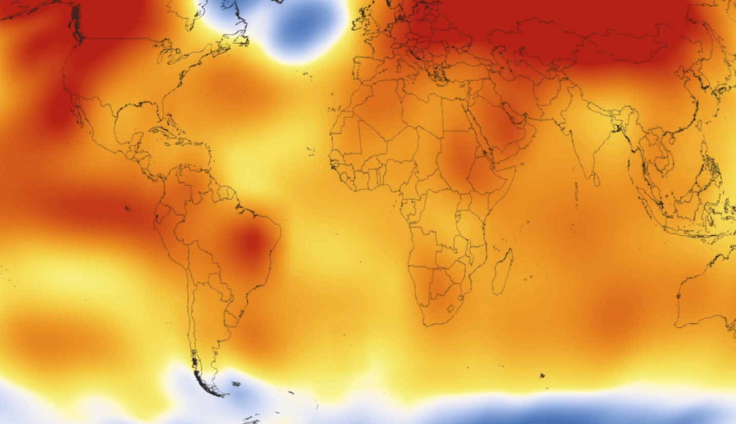 Średnia temperatura na Ziemi w 2015 roku. Czerwony kolor – odchylenie dodatnie, niebieski – odchylenie ujemne od normy / źródło: NASA Scientific Visualization Studio, Wikimedia Commons, domena publiczna
